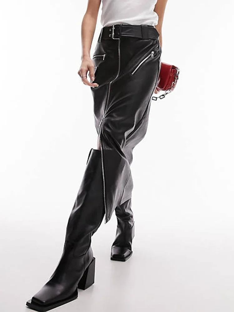 Women High Waist Matte Leather Midi Long Skirt Ladies Zip Split Gothic PU Skirt With Belt  Custom New Hot Streetwear Clubwear