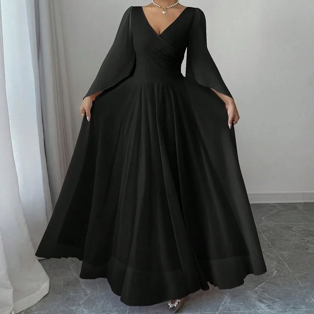 

Customized A-line Evening Dresses Ankle-length V-neck Full Sleeve Prom Gown Simple Fashion Draped Casual Party Gown