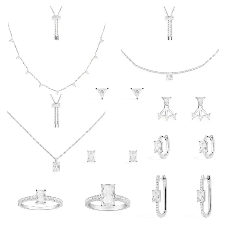 

Eomm S925 Pure Silver Small Cute Square Triangle Ring Earrings Bracelet Necklace Geometric Mini Women's Fashion Classic Jewelry