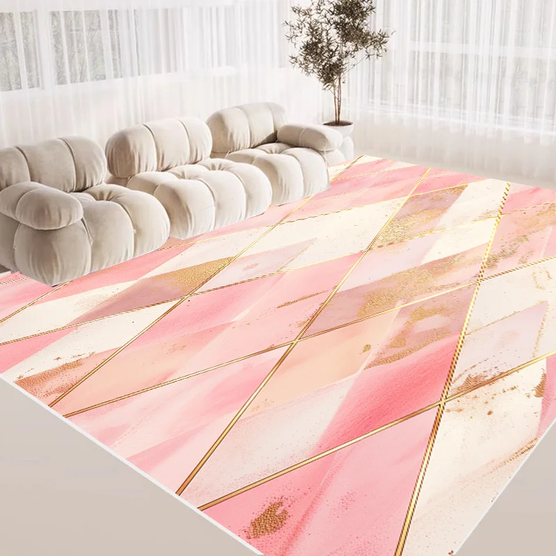 Tapis Géométrique Rose de Grande Surface, Décoration de Luxe, pour Salon, Chambre de Fille, Maison, Chambre à Coucher, Polymère de Sol, Lavable