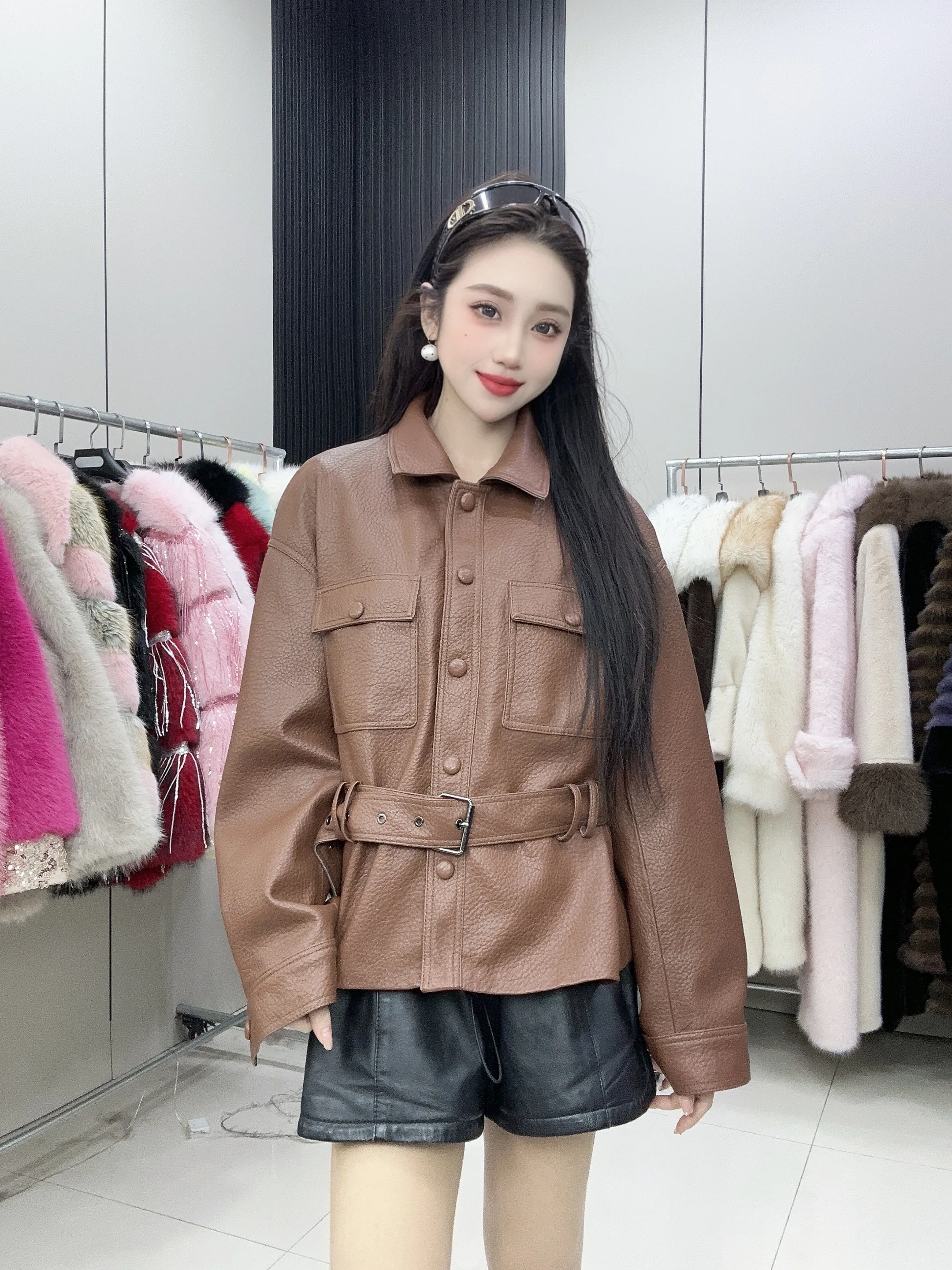 2025 Spring and Autumn Leather Jacket Temperament Waist Lapel Burgundy Leather Jacket Single-breasted Black Leather Jacket