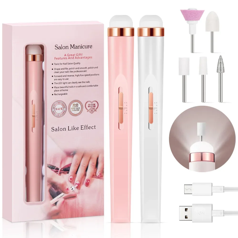 小型ポータブルネイルドリル - 4段階速度調整電動ネイルファイル、キューティクルケア機能付き、5種類の研磨ヘッド付属