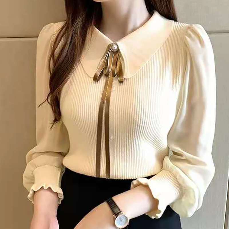 

Женский шифоновый пуловер в стиле пэчворк, с отложным воротником и пуговицами, осень 2024