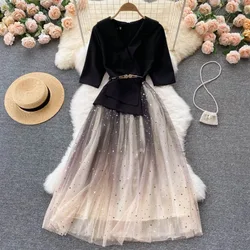 Elegant Half Sleeves Vintage V-neck Chic Spliced Stars Sequin Mesh Slim Fairycore Long Dress Evening High Street Summer Clothing