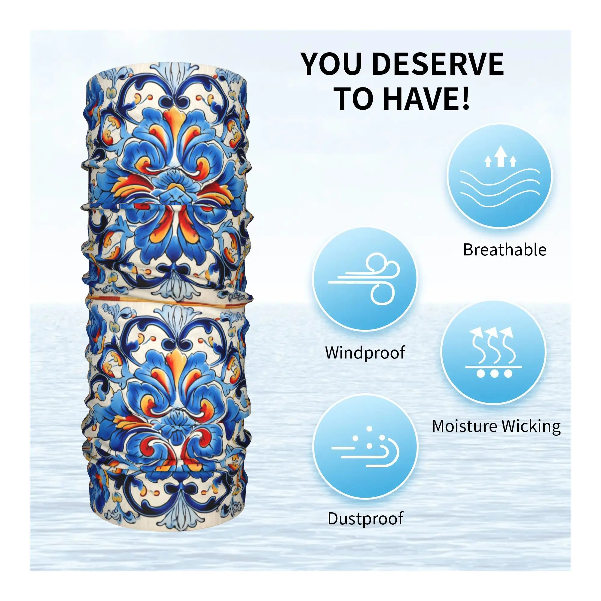 Decorativo espanhol telha cerâmica impressão bandana pescoço gaiter impresso lenço de rosto quente ciclismo cachecol correndo unisex adulto lavável