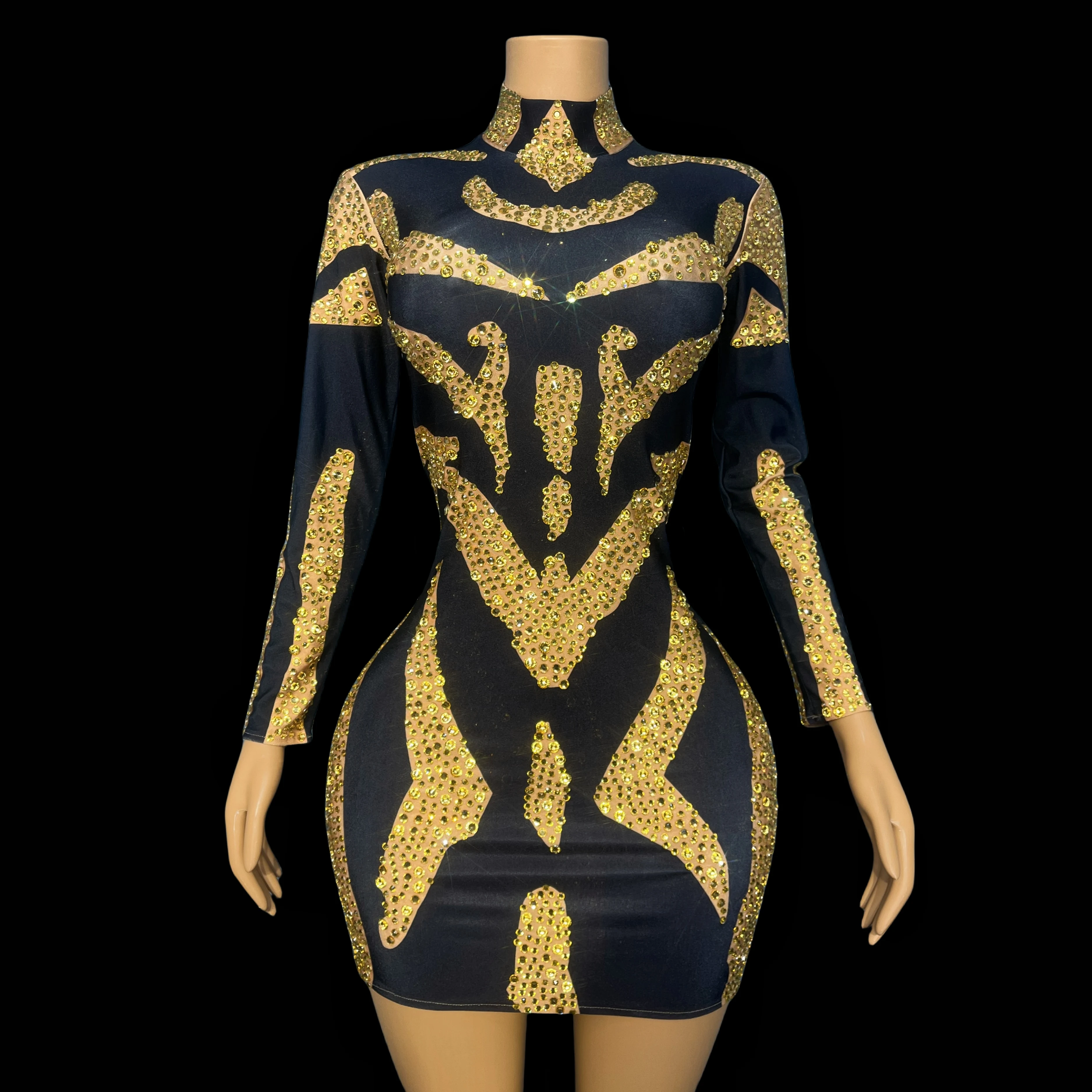 

2025 New Designed Gold Rhinestones Evening Dress Black Long Sleeves Birthday Sexy Shining Stretch Bodysuit Dance Wear jinniu