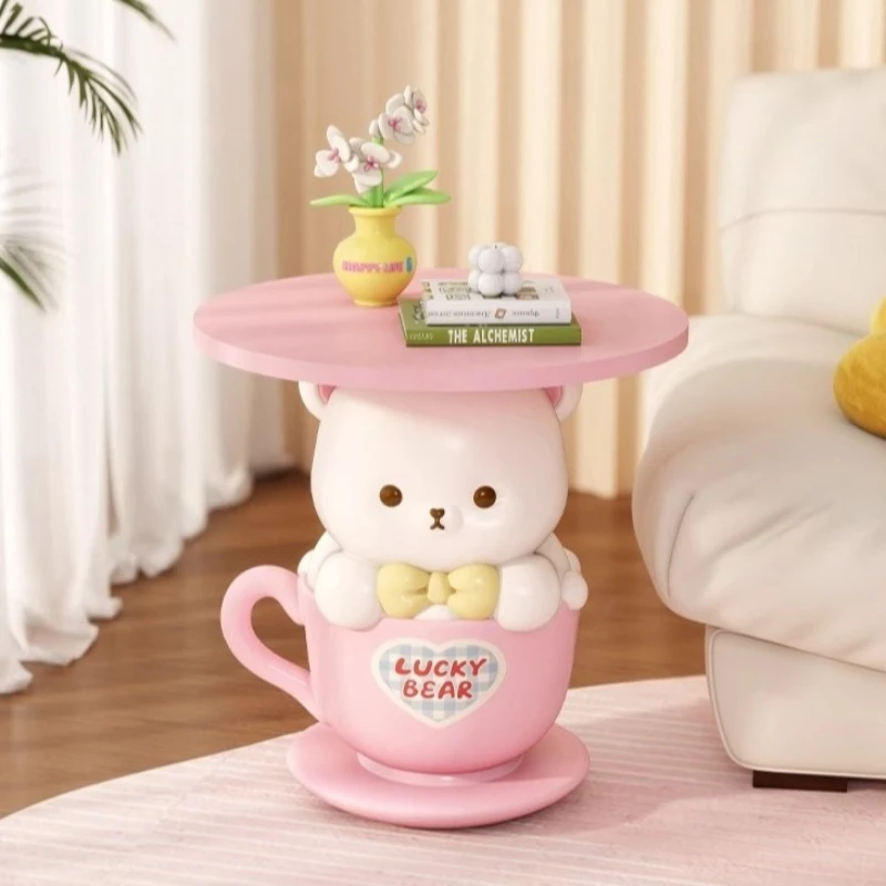 Kawaii Home Decor Creative Small Coffee Table Pink Living Room Side Table Girl's Bedroom Bedside Table Cartoon Bear Statue Gift