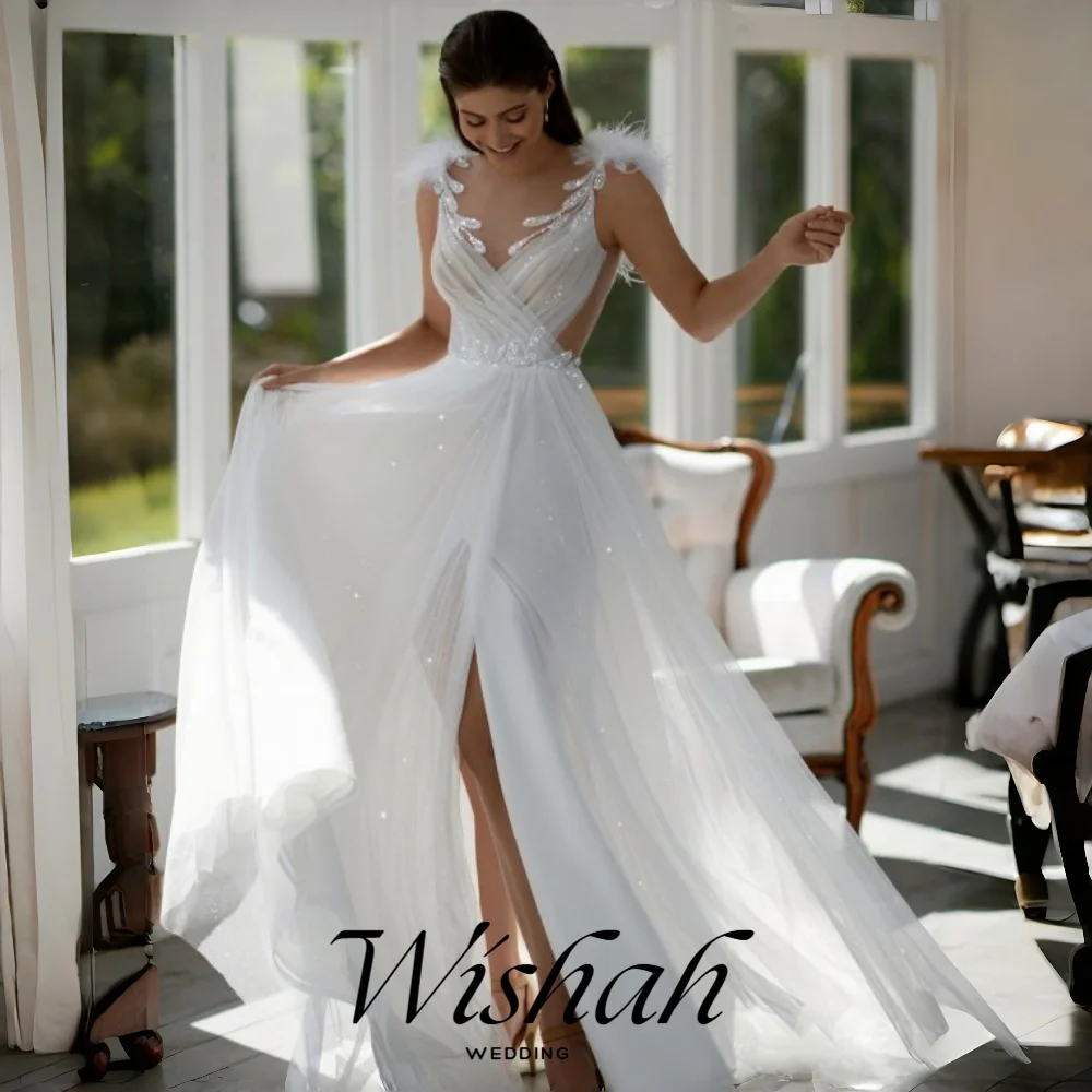 Wishah Customized Weeding Dress O-neck Appliques Beading Feather Spaghetti Strap Backless Bridal Dress