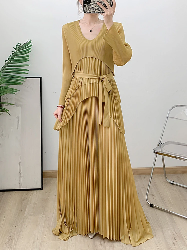 GVUW Pleated Patchwork Dress Women Lace-up A Line Full Sleeve Round Collar Evening Party Chic Style New Long Dresses 17G8486