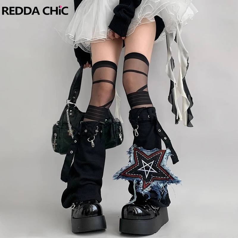 

REDDACHiC Baddie Y2k женские черные длинные носки до бедра с поясом асимметричная вышивка звезда лоскутное джинсовые гетры серая одежда