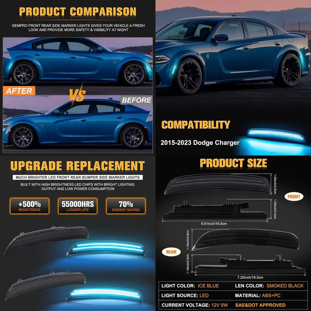 

Smoked Lens Ice Blue LED Side Marker Lights for 2015-2023 Dodge Charger LD, Front & Rear, 4-Pack
