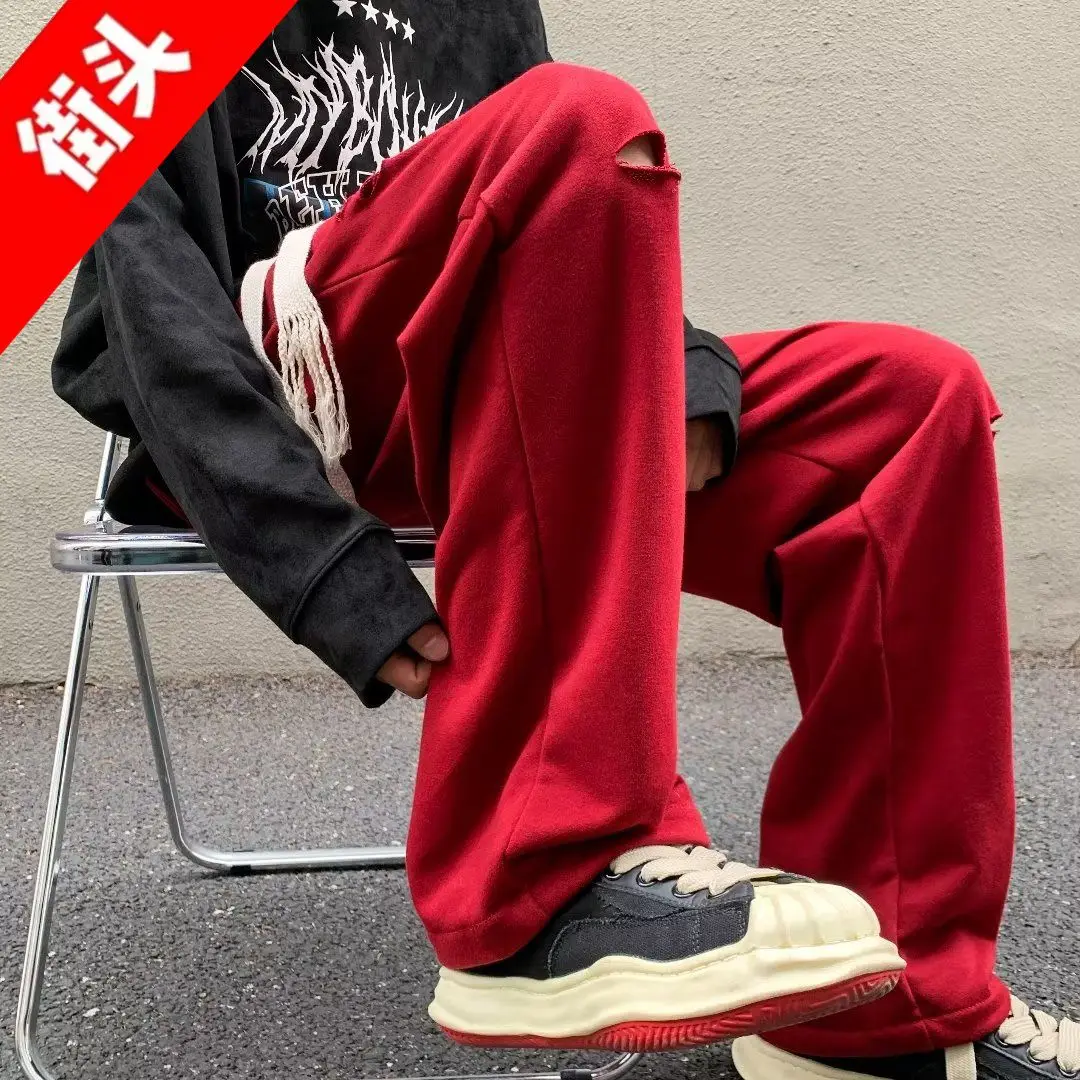 Burgundy Pants Oversize Design American Hiphop Sweatpants Men Vintage Ripped Trousers