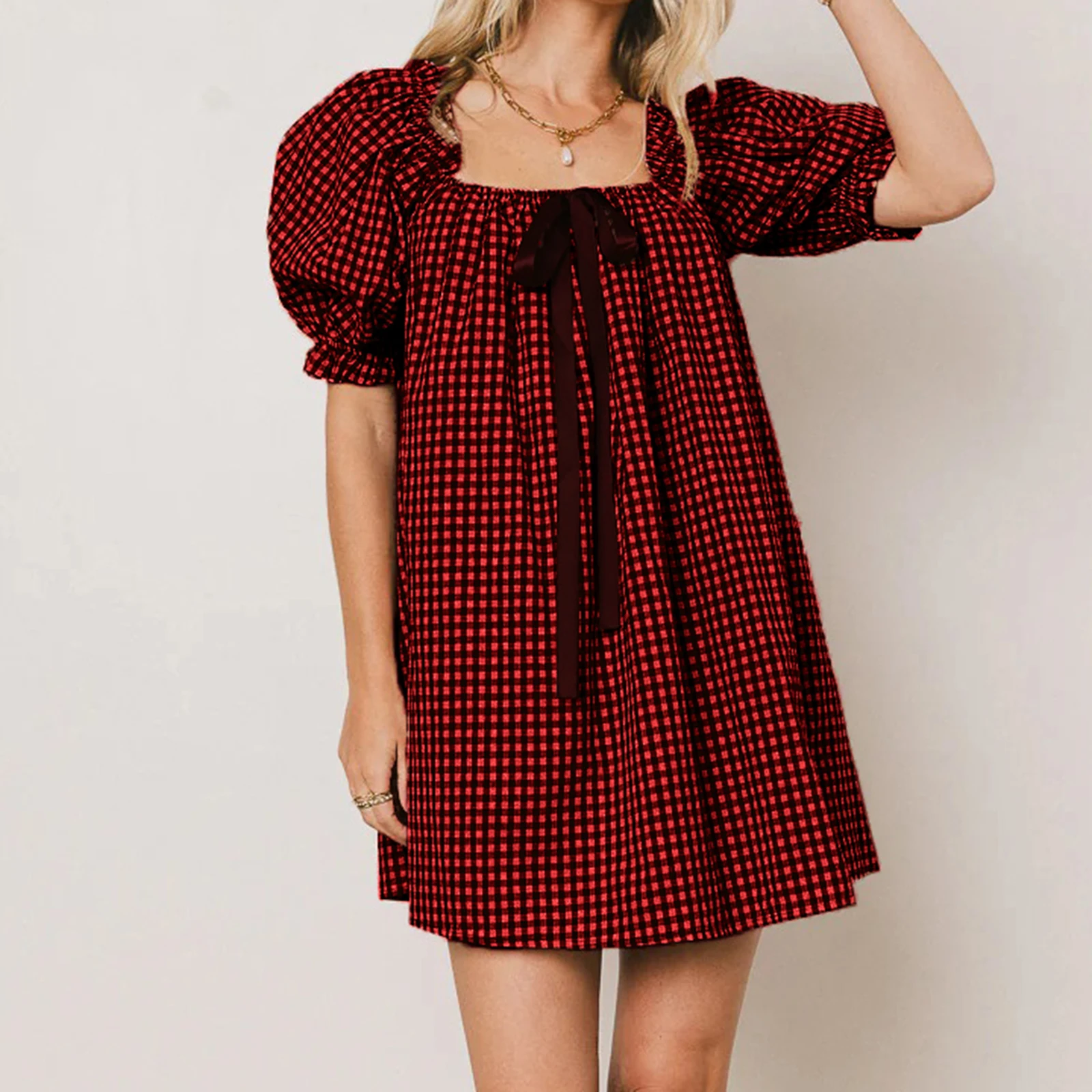 Vrouwen Y2K Plaid Cami Jurk Half Bladerdeeg Mouw Vierkante Hals Geruite Strikje Loose Fit Babydoll Uitgaan Mini Jurk