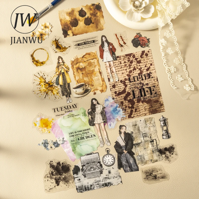 

JIANWU about Traces Series Vintage Character Coffee Smudge Landscape Collage Scrapbook Material Creative Journal Stationery
