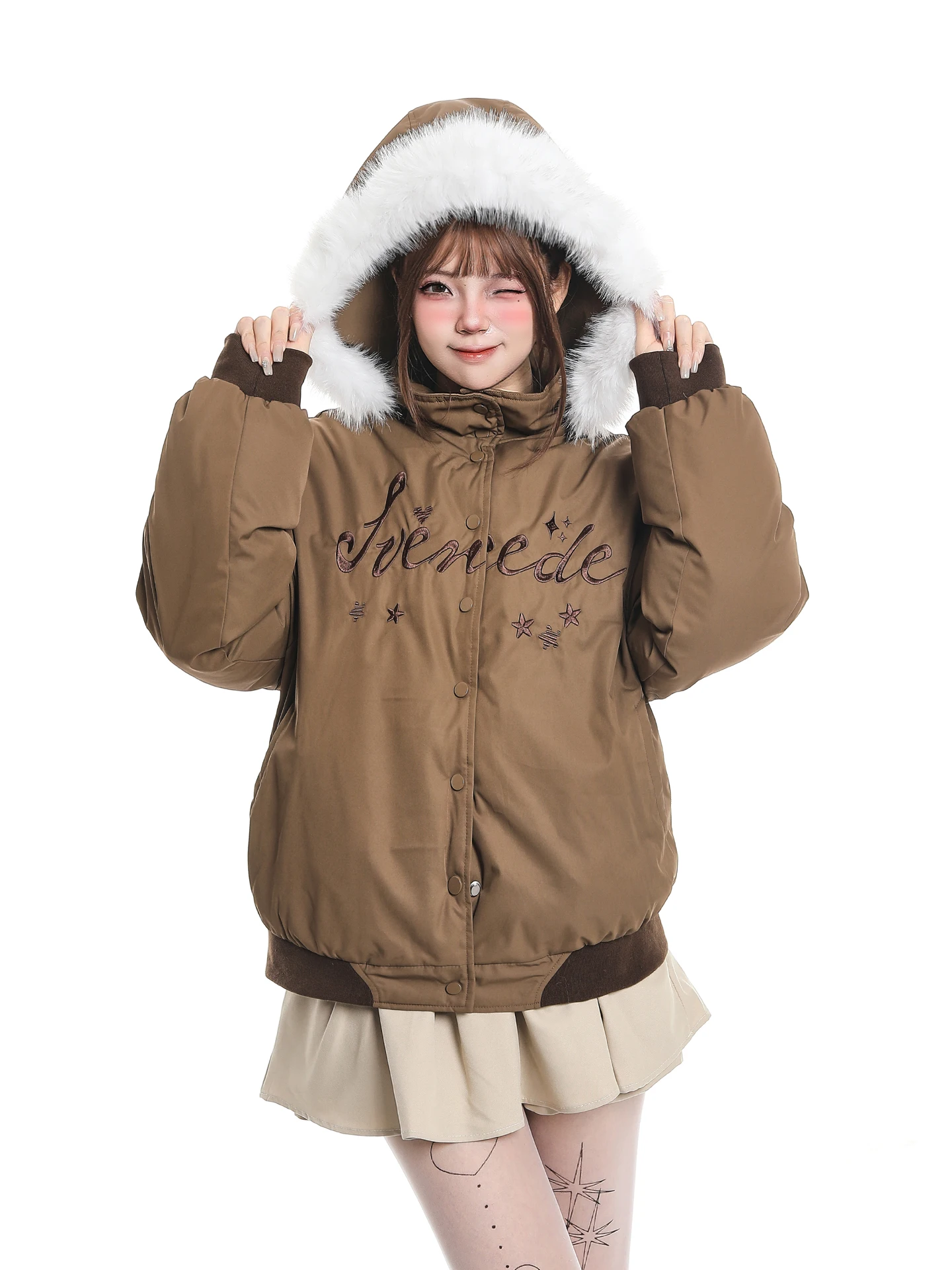 

Thiened Warm Cotton Jaet Hooded Letter Embroidery Coat for Women Winter College Sle Outerwear with Fur Trim