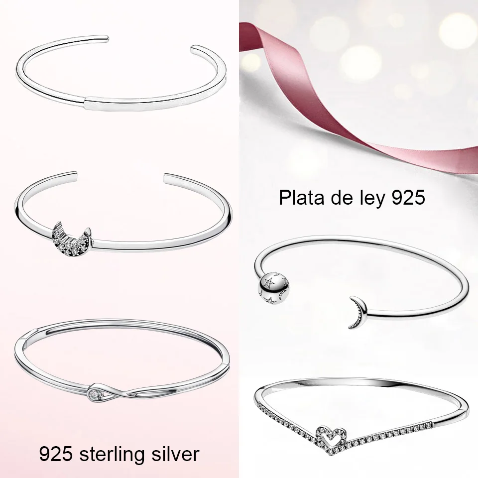 

CHARMING Jewelry 100% 925 Sterling Silver Sparkling Wishbone Heart Bangle Moments Shinning Moon Open Bangle Women Gift Jewelry