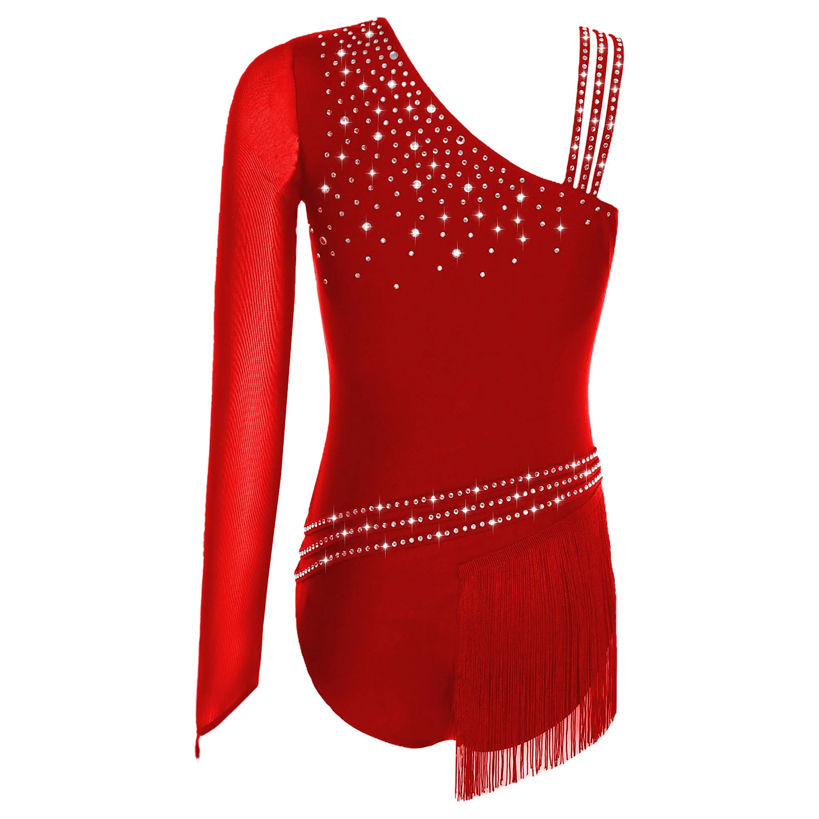 Mulheres brilhantes strass ginástica patinação artística collant camisa de balé dança latina desempenho traje borla franja bodysuit