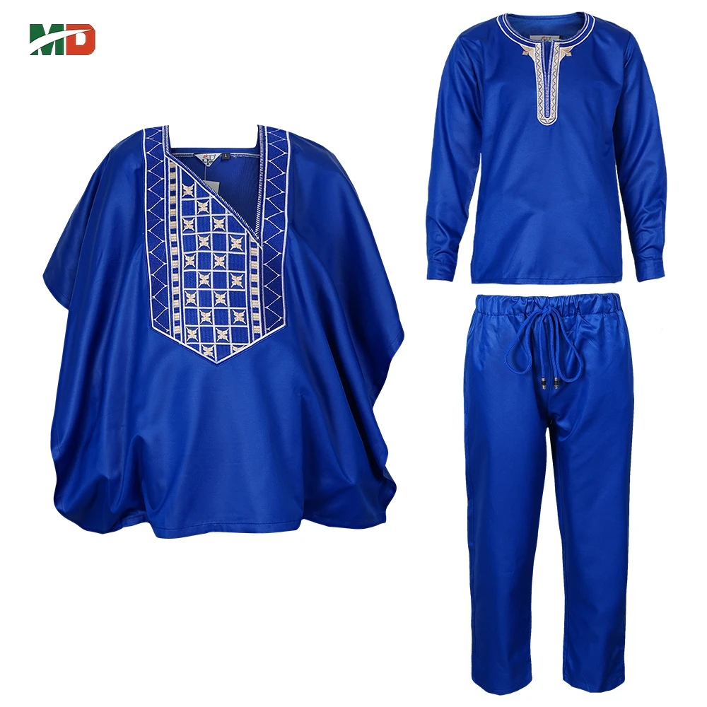 MD 아프리카 아동복 전통 앙카라 대시 키 2-10 년 소년 3PCS 자수 Thobe Fashion Bazin Blue Kaftan 2025
