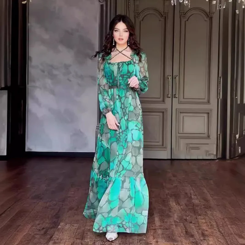 

Summer Women's Fashion Color-Block Print Long Dress Elegant Slim Fit Square Neck Long Sleeve Dress