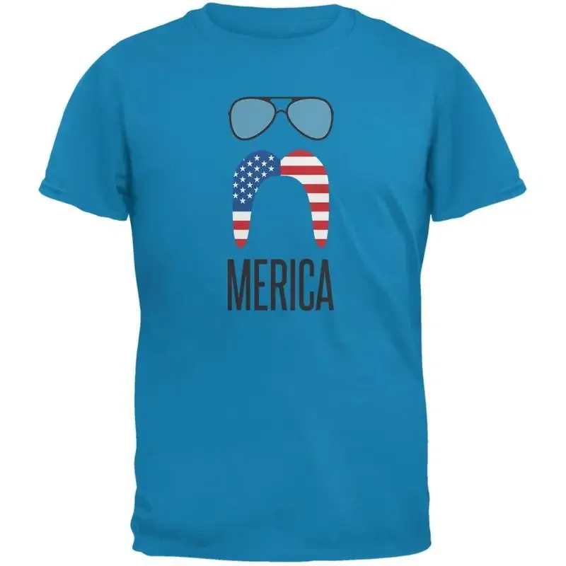 4th of July Merica Sunglasses and Mustache Sapphire Blue Adult T Shirt
