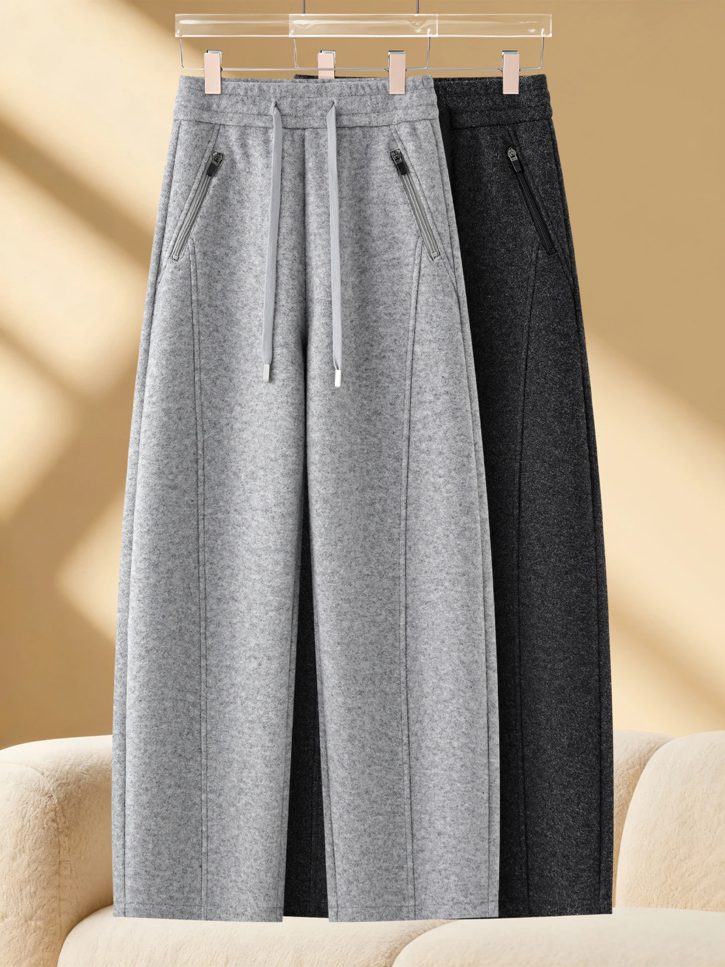 

High Waist Thickened Fleece Woolen Bananas Pants Women's Autumn Winter Casual Sports Sweatpants Wide Leg Pocket Belted