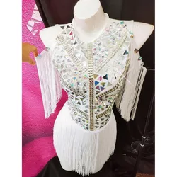 White Tassel Rhinestones Mirror Leotard Women DJ Nightclub Fringe Sequins Bodysuit Sexy Stage Wear Dancer Performance Costume