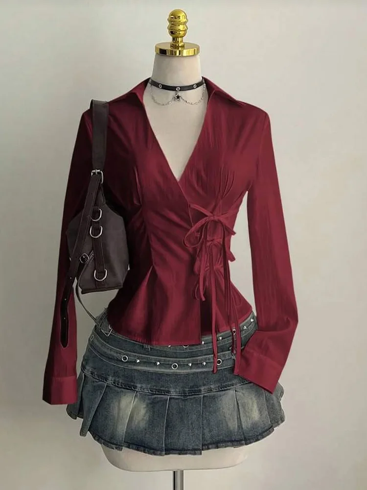 

Slim Fit Long Sve V-Ne Red irt Women's Sexy Waist-Cinching Belted Cotton Top White Pear Vine Spicy Girl Sle