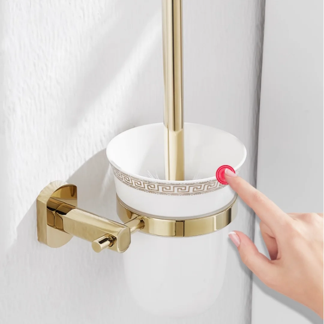 Tuqiu Gold Toilet Brush Holder with Brush Brass Wall Mounted Chrome Bathroom Toilet Scrub Cleaning Brush Holder Set