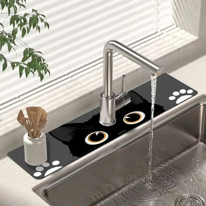 VIKAMA Cute Black Cat Eyes Paw Diatomite Faucet Mat Super Absorbent Non Slip Kitchen Sink Tap Splash Guard Draining Pad