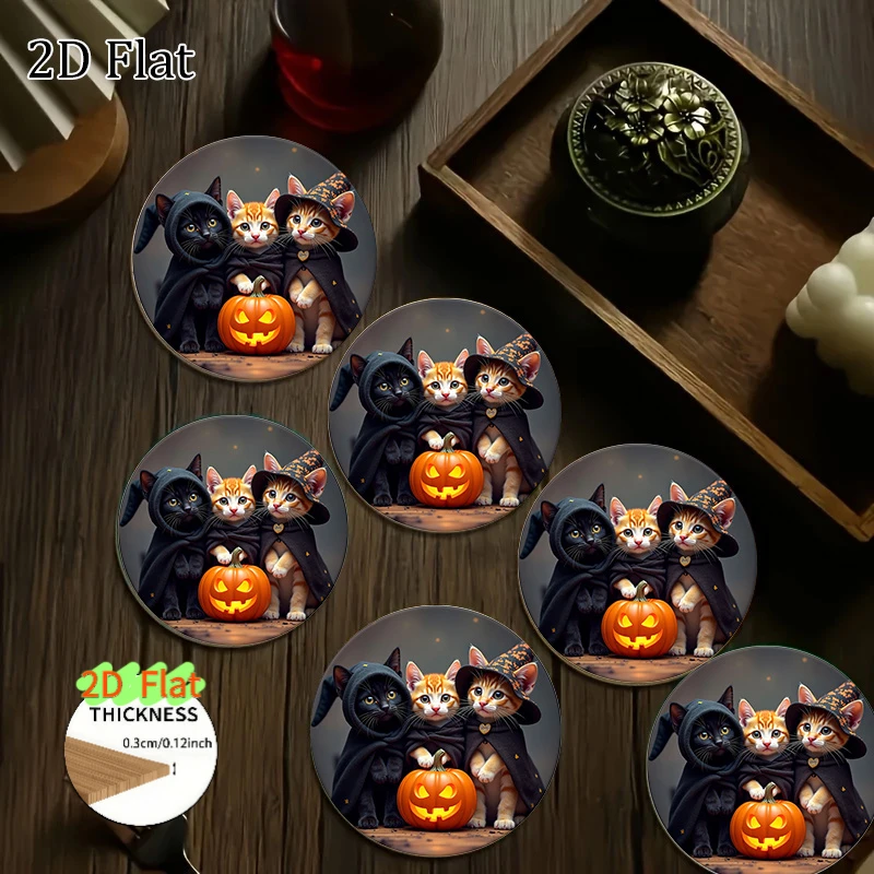 12/6 Pieces of Black and Gold Cat-Themed Designs (Witch, Tricolor Cat, Tailcoat) - Wooden 2D Flat Heat-Resistant Non-Slip Coasters with Glossy Pumpkin and Mummy Cat Designs - Suitable for Coffee Tables, Dining Tables, Halloween Home Decor - Cute and Elegant Witch Hat and Cape Design, Available in Multiple Colors