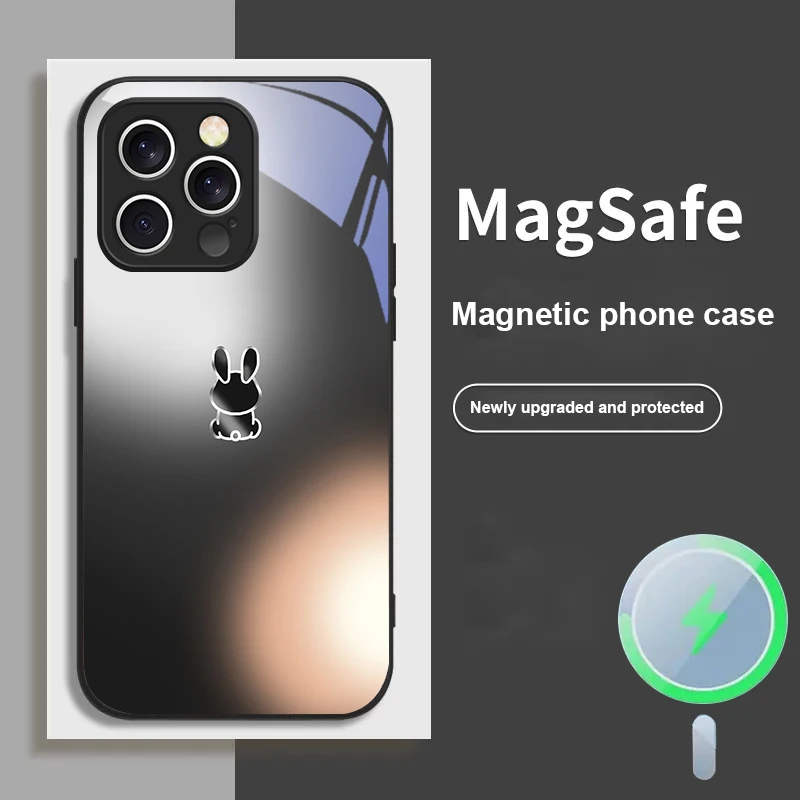 

Gradient Blue Rabbit Back For iPhone 16E 15 Pro 14 13 Plus 12 mini 11 15Pro 14Max XR Xs X 7 8 16Plus 16 Magsafe Glass Phone Case