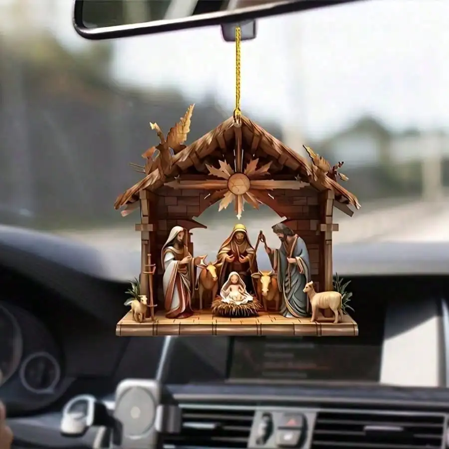 1 2D Flat Jesus Birth Scene Car Mirror Ornament-Christian Design: Maria, Joseph, Jesus, Animals in Wooden Stable, for Home & Car
