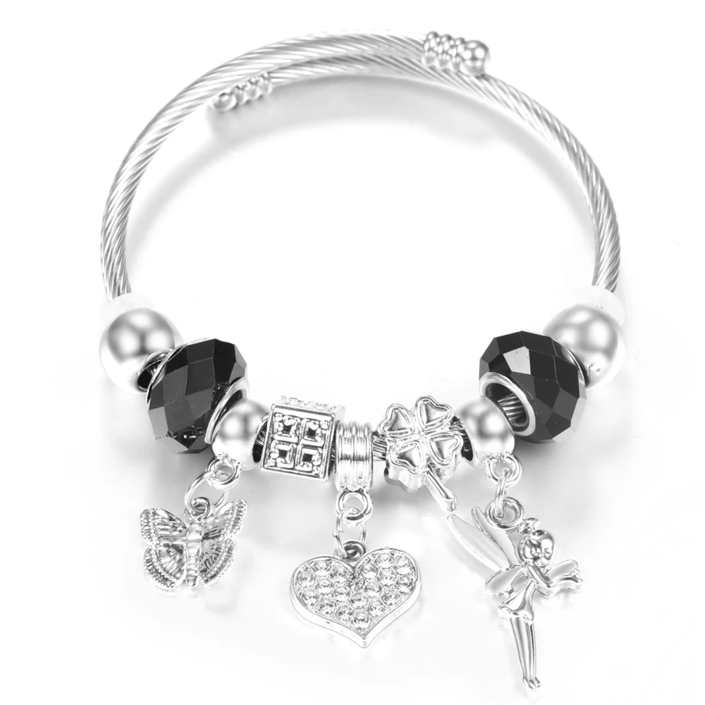 Neue Strass herzförmige Anhänger Edelstahl Perlen Armband 4 Farben hochwertige Verschluss Armreifen Frauen Armband Schmuck