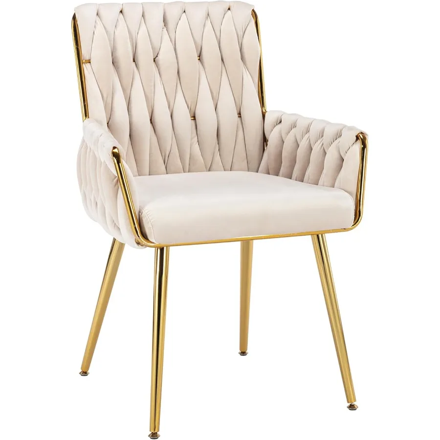 Office Desk Chair No Wheels Woven Velvet Vanity Chair with Back Armrest Comfy Upholstered Cute Gold Metal Legs Makeup Aesthetic