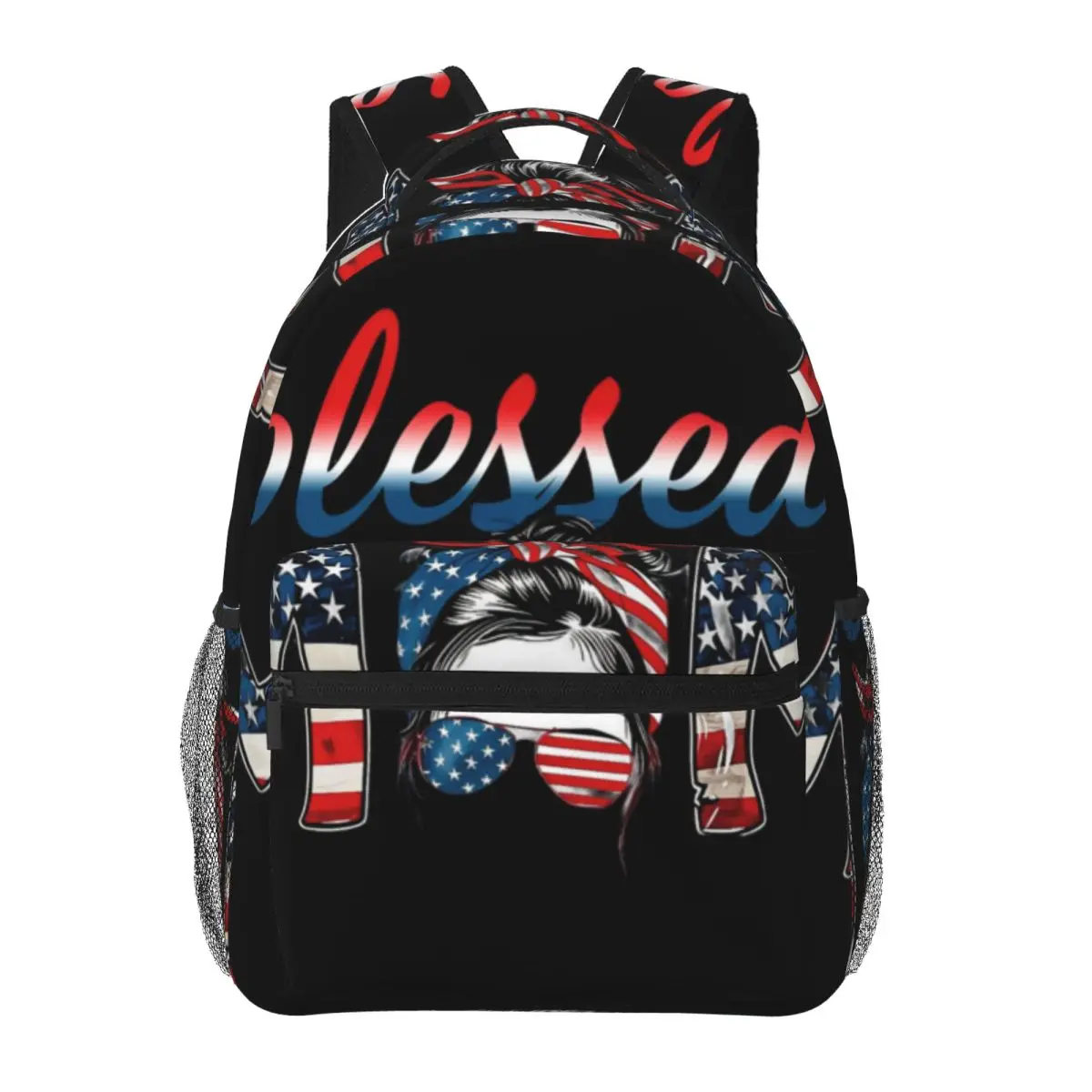 Inspirational Quote Backpack Center Blessed Mom Flag Patriotic Mom Lettering Red White Blue Cool Bookbag for Girls Boys College