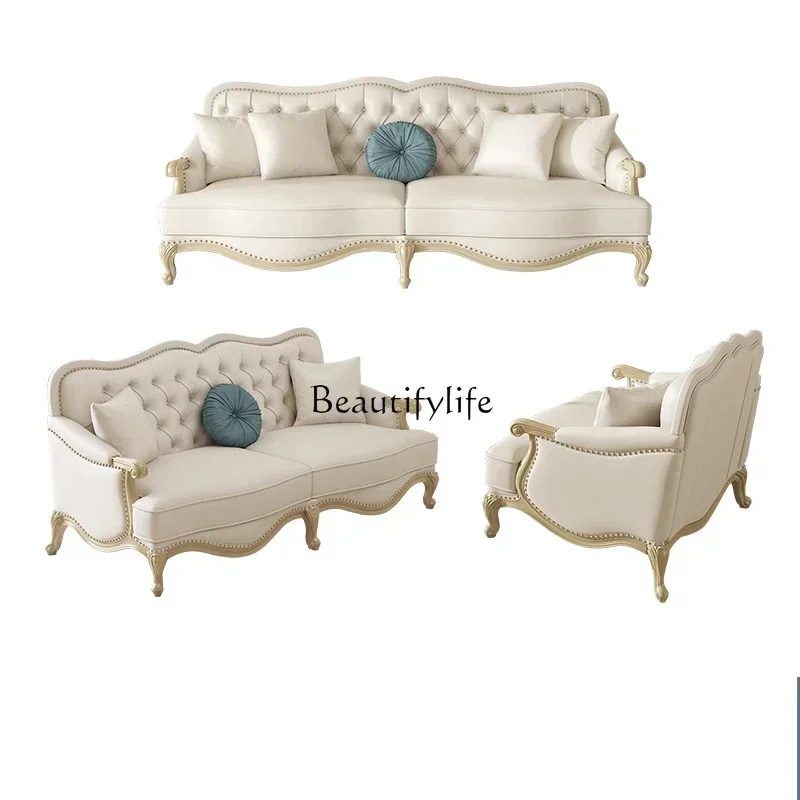 

ls 35American light luxury leather sofa living room French villa 123 combination modern European solid wood sofa