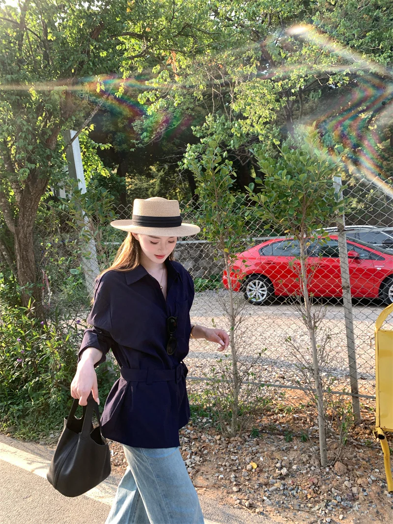 

Kumikumi Design Pure Color Long Sleeve Shirt Women's Early Spring Casual Collar Mid-Length Waist-Cinching Shirt