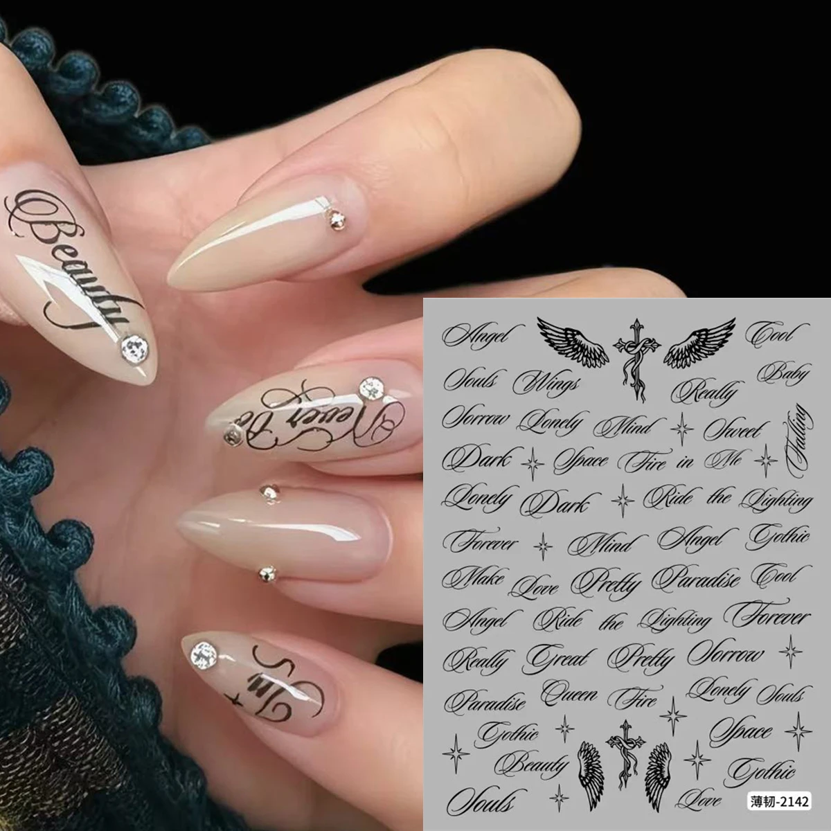 1-6 Stück weiße Gothic-Buchstaben Nagelkunst-Aufkleber Y2K Kursivschrift Englische Kalligraphie Engelsflügel Kreuz Stern Nagelaufkleber Maniküre DIY – Detail 3
