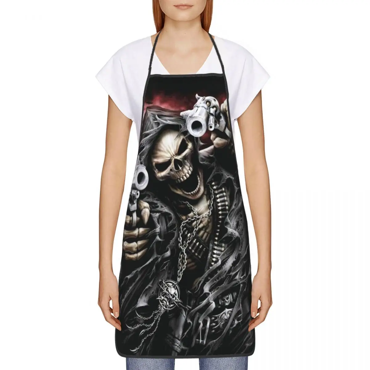 Custom Funny Death Skull Bib Aprons Women Men Unisex Kitchen Chef Horror Skeleton Tablier Cuisine for Cooking Baking Painting