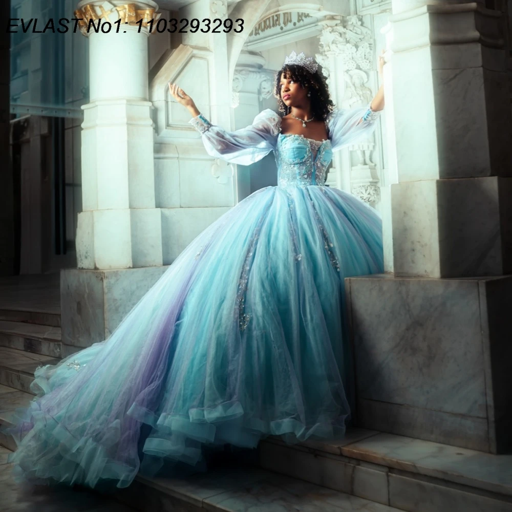

EVLAST Customized Princess Sky Blue Quinceanera Dress Ball Gown Lace Applique Beads Corset Sweet 16 Vestidos De 15 Anos E1QN455