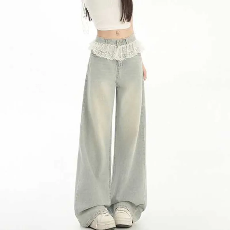 ANJY otoño nueva moda mujer elegante fresco encaje Trim Casual versátil pantalones vaqueros rectos moda Chic marea Simple pantalones vaqueros A13088