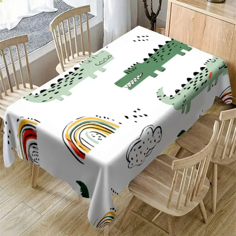 Kids Crocodile Tablecloth, White Base With Cute Croc Rainbow Graphics, Rectangular Table Cover for Sweet Family Table Decor