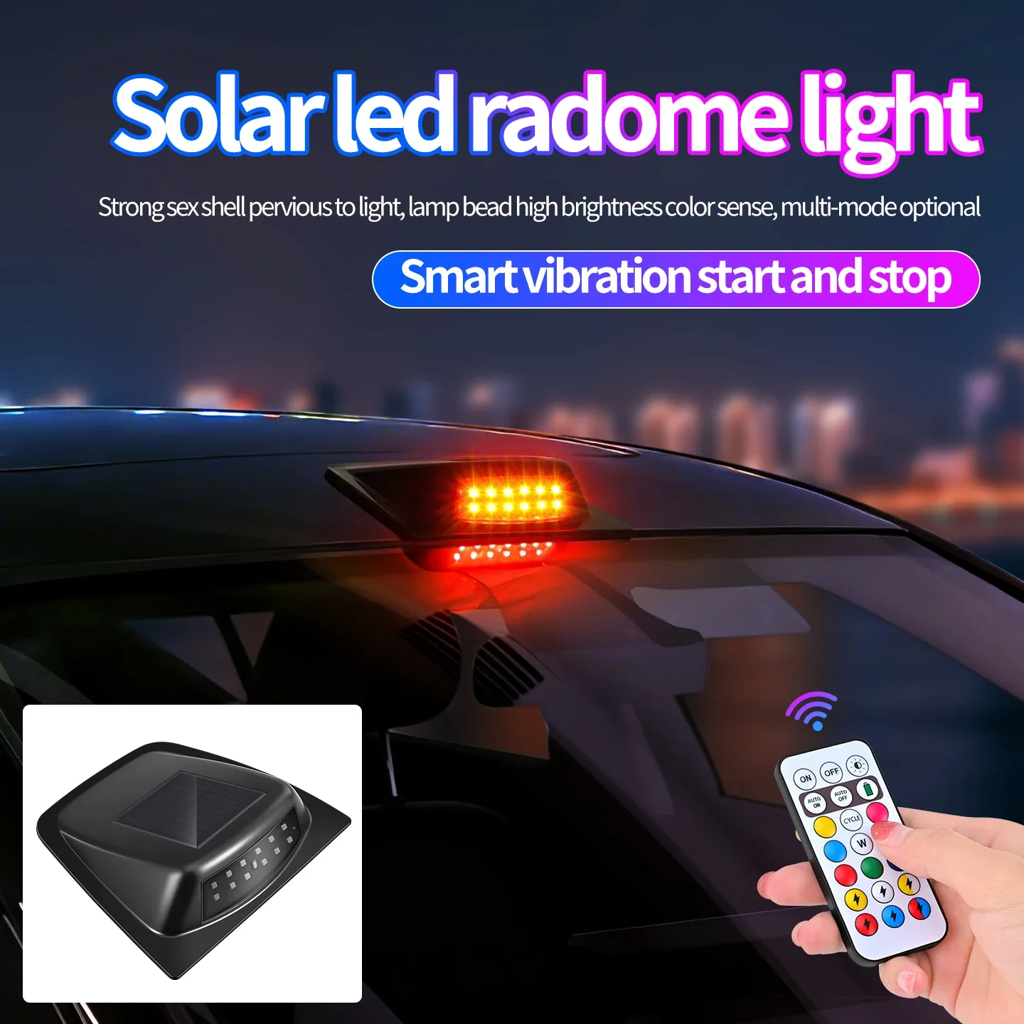 New LEMOMBO Smart Vibration Sensor Solar LED Radome RGB Remote Control Car Roof Shark Fin Strobe Warning Lamp 12V 9W