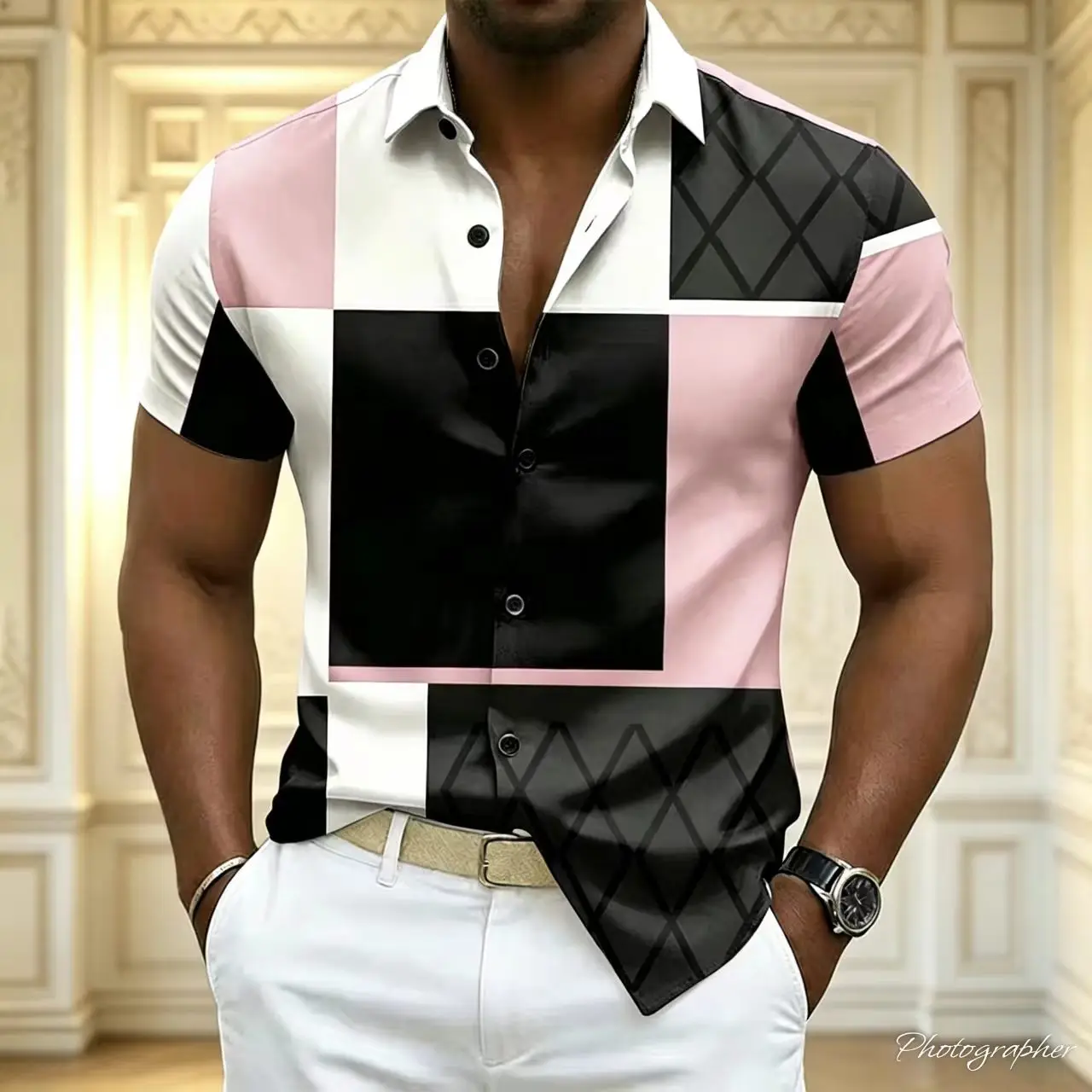 Men's geometric color patchwork shirt, button style, short sleeved, urban casual style, 3D printing, fashionable lapel