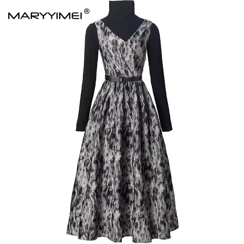 

MARYYIMEI Autumn and winter Women's Suit Turtleneck Long-Sleeved sweater+V-Neck Sleeveless Lace-Up Slim Dress Two piece set