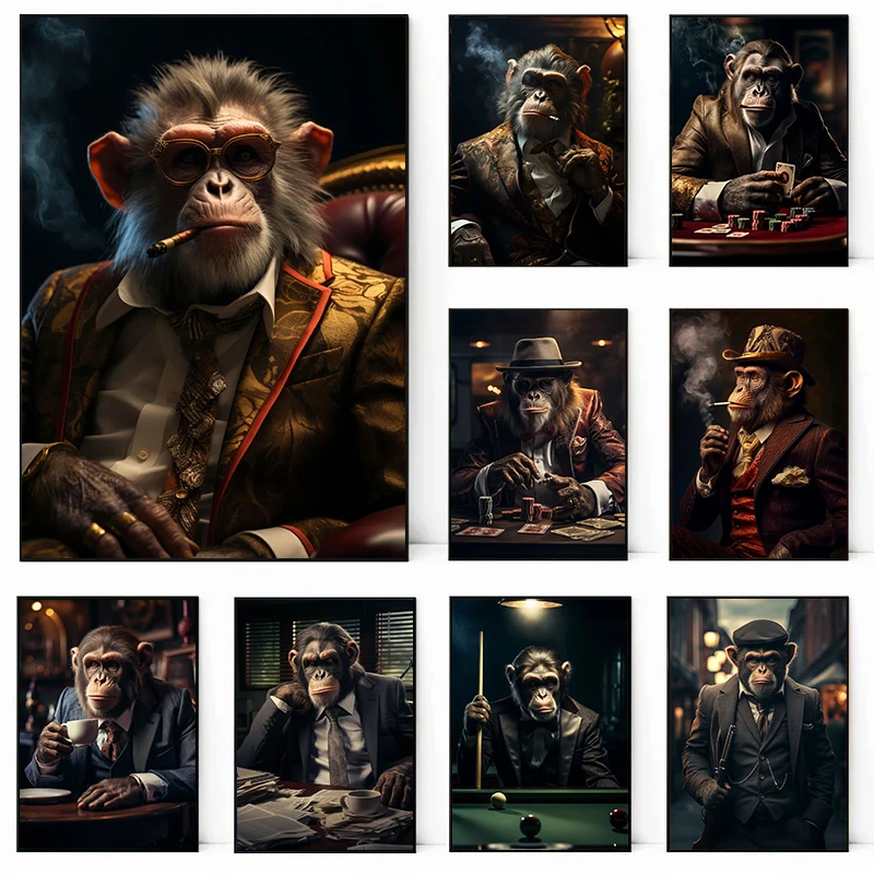 Funny Animals Monkey Smoking Gorilla Drink Lion Posters and Prints Canvas Printing Wall Art Picture for Living Room Home Decor