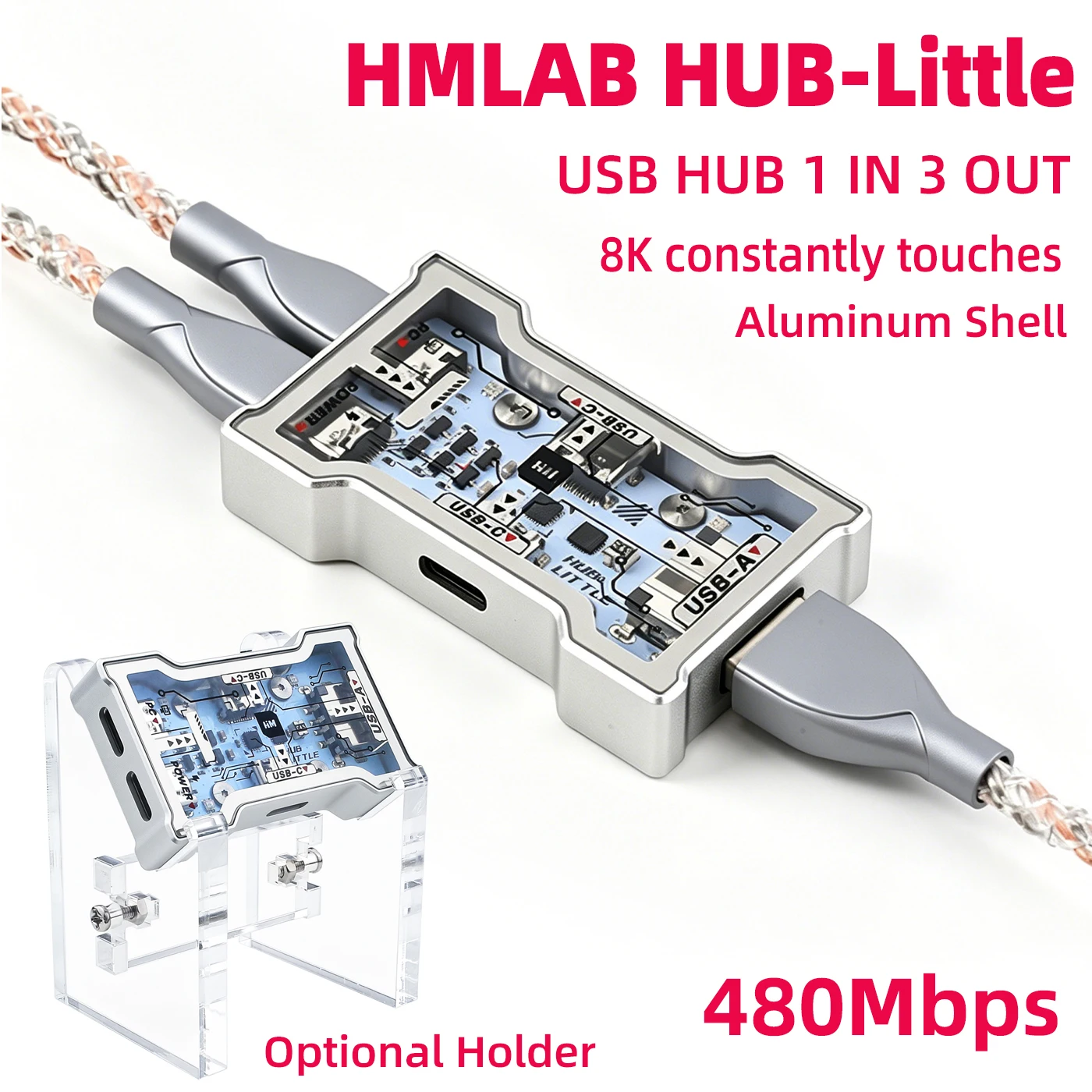 HMLAB HUB LITTLT 8KゲーミングUSBハブ 1入力3出力 デスクトップ拡張ドック 480Mbps アルミシェル USBCハブ オプションホルダー RGBケーブル