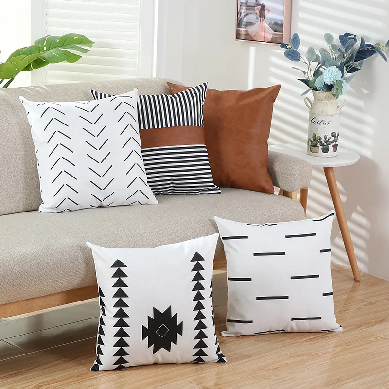 5pcs PU Leather Splicing Striped Cotton Pillow Case Home Decor Cushion Cover American Sofa Car Throw Pillow Case Decorative