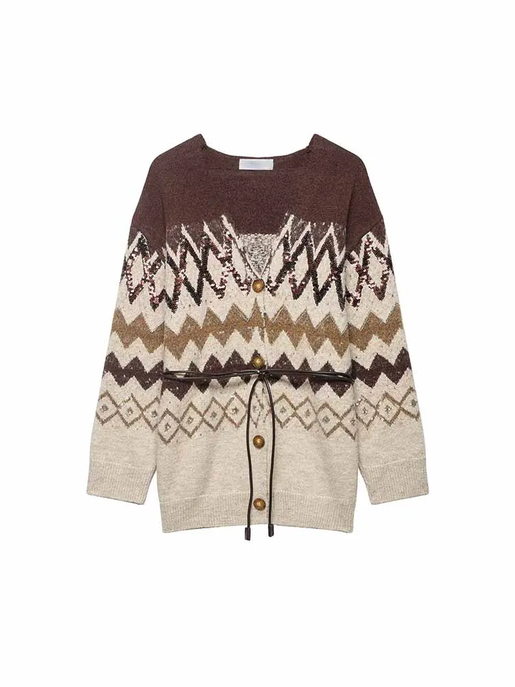 

HH Woman Spring Fashion Long Sleeves Round Neck Jacquard Beads Decoration With Belt Knitted Jacket Female Casual Loose Cardigan