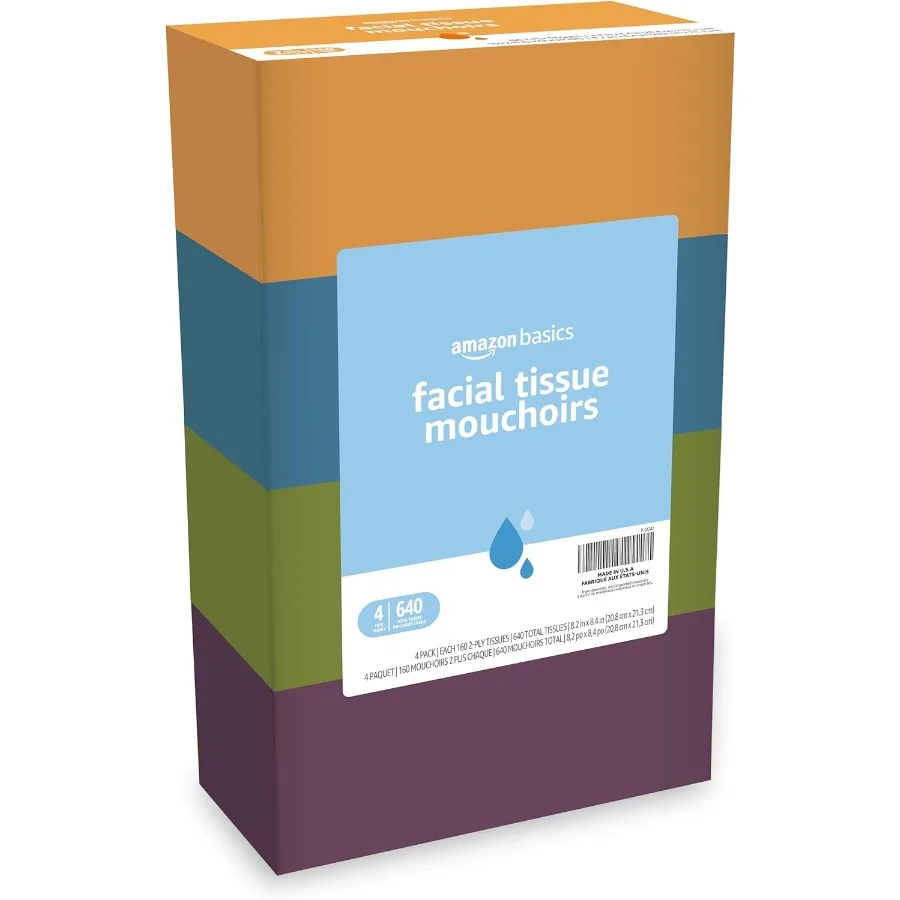 2-lagige Gesichtstücher für den täglichen Gebrauch, 160 Tücher pro Box, 4 Boxen, 640-Tücher, ideal für Zuhause, Büro und Reisen, weich, stark